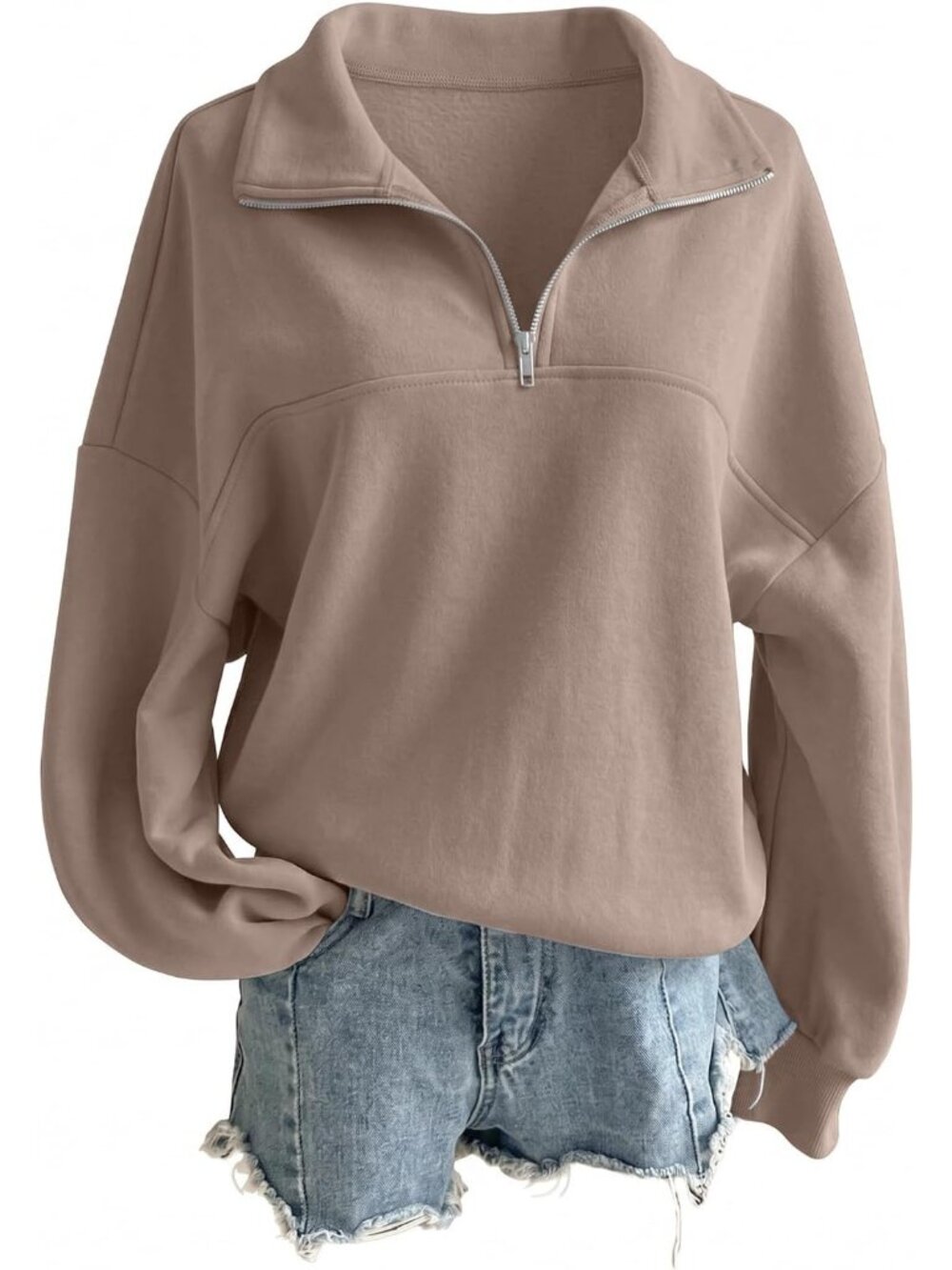 🆕Women's Khaki Oversized Quarter Zipper Pullover Casual Half Zip Hoodie
